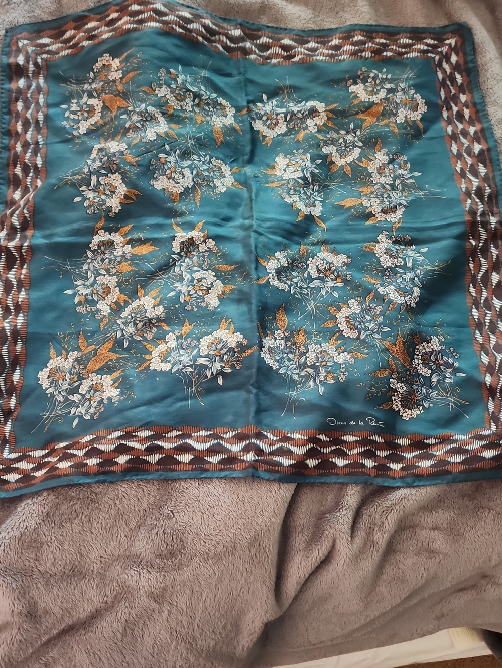 Oscar de la Renta Teal Floral Silk Scarf with Brown Border